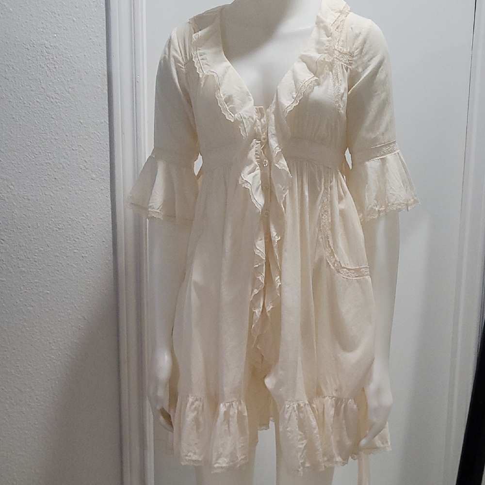 Free People Cream Top with Red Polka Dot Trim